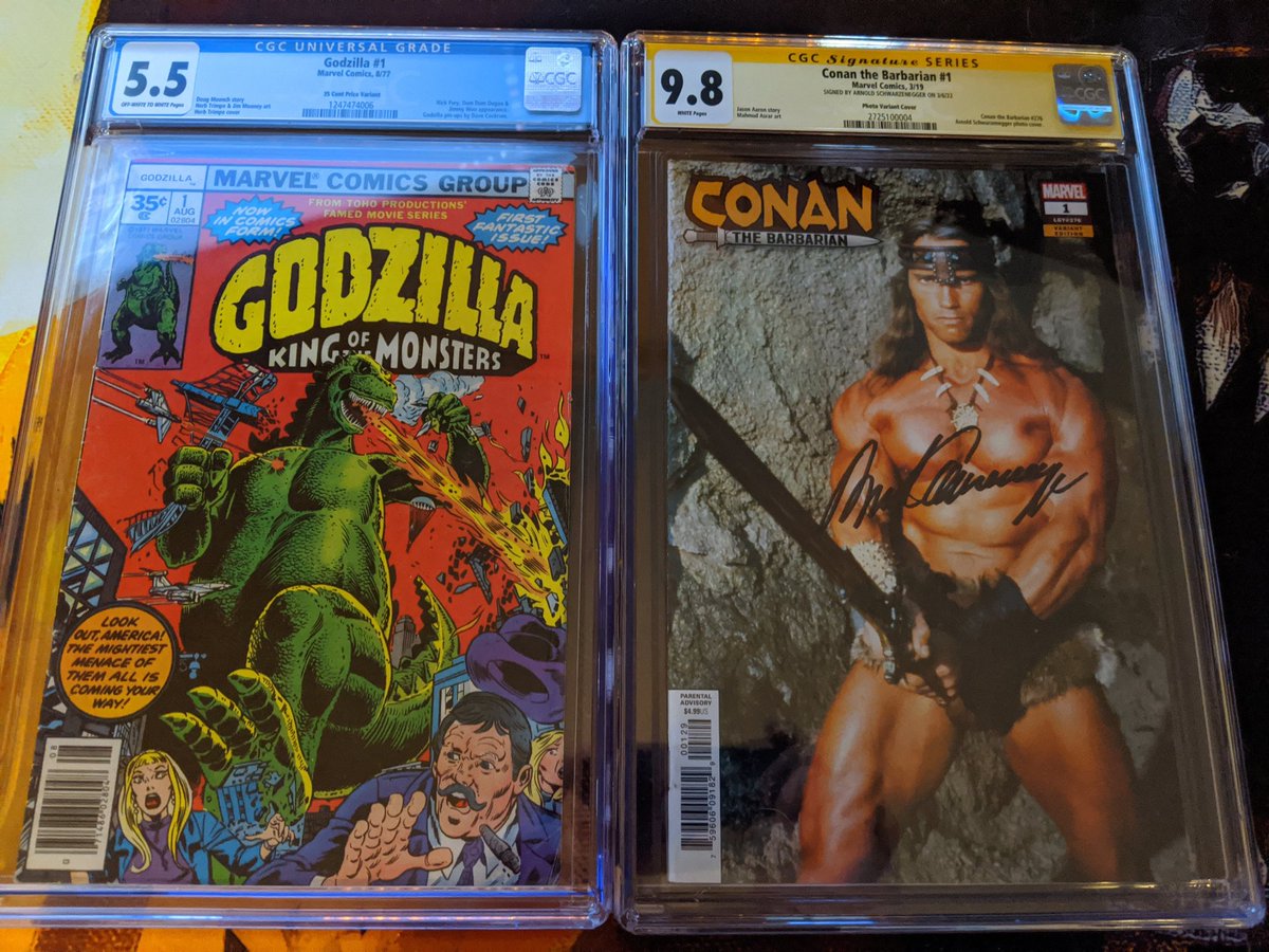 Thank you all who have bought from me in the last week!! You have helped fund the purchase of 2 of my dream comic purchases 🧡 A super rare OG variant of Godzilla and a Conan signed by Arnold himself 🥰 💪🦖