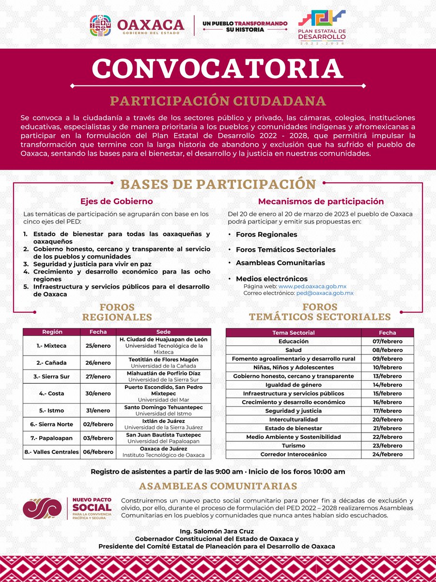 Comparto con ustedes la convocatoria ciudadana para la formulación de nuestro Plan Estatal de Desarrollo 2022-2028, con el que impulsaremos la transformación que terminará con el largo historial de abandono y exclusión que ha sufrido nuestro estado.