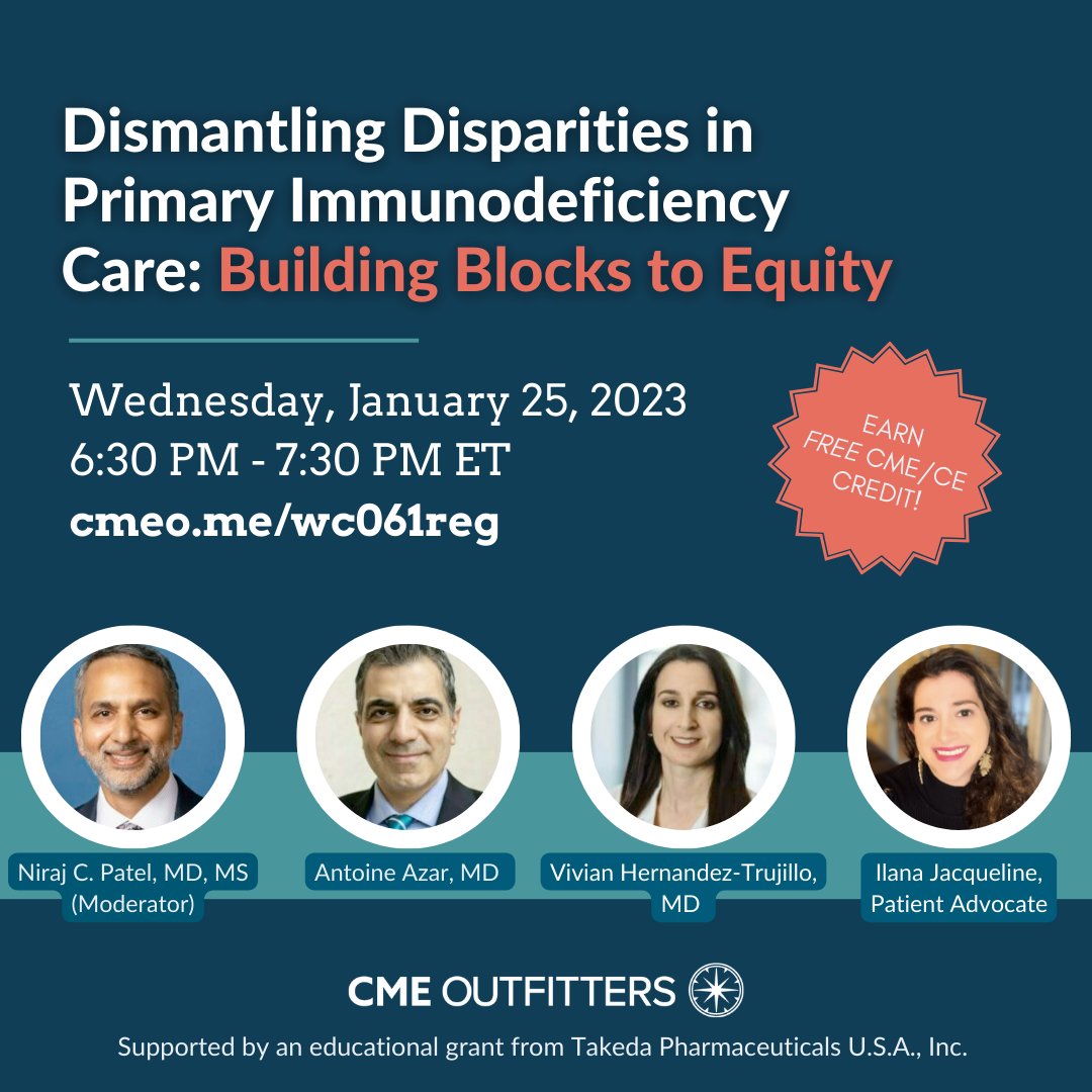 Join Drs. Niraj Patel, Antoine Azar, <a href="/DrVivHT/">Vivian Hernandez Tru</a> &amp; patient advocate <a href="/IlanaJacqueline/">Ilana Jacqueline</a> tomorrow at 6:30p ET for a LIVE webcast on addressing disparities in #primaryimmunodeficiency care &amp; the importance of patient-provider communication. Sign up👉  cmeo.me/wc061reg #MedTwitter