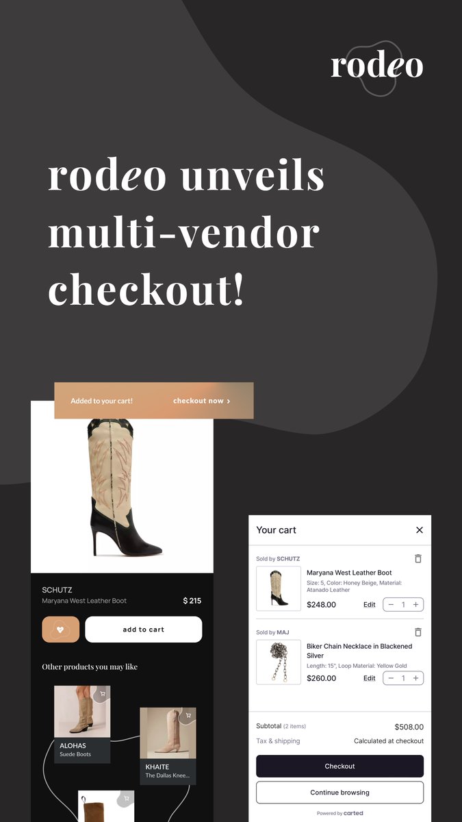 Big moves over at Rodeo HQ. Our multi-vendor checkout is live, transforming social discovery into an immersive shopping experience for the digital-first consumer. We're building the destination for shoppable content. And we're one step closer. app.shoprodeo.com