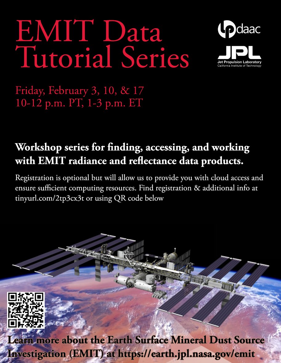 NASAEarthData's tweet image. Are you interested in using space-based spectroscopy for your research? Join NASA, #LPDAAC, and JPL for three 2-hour #Python workshops on Fridays in February to introduce spectroscopy data from the #ISS Earth Surface Mineral Dust Investigation. Register: tinyurl.com/2tp3cx3t