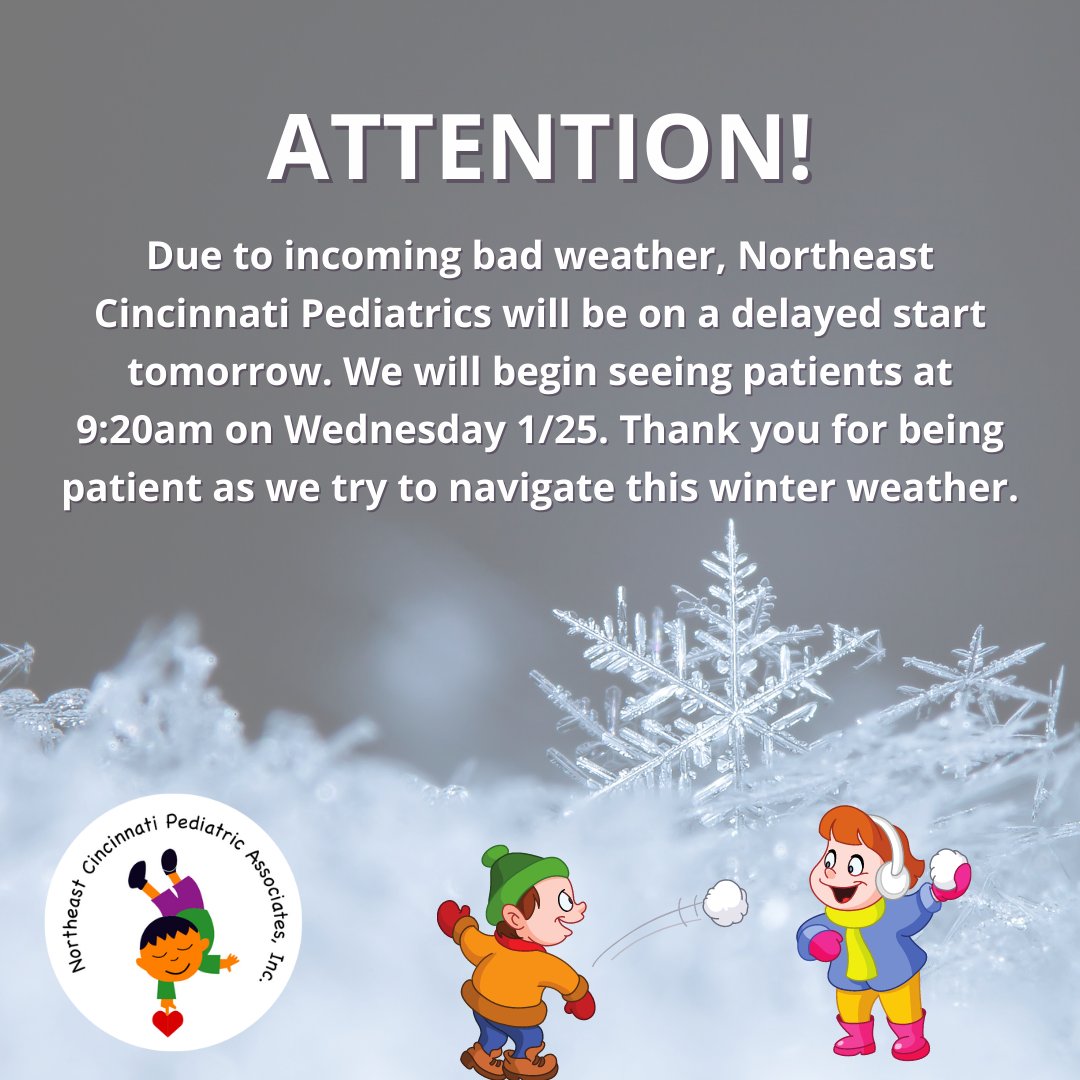 NECPeds's tweet photo. ATTENTION! Office hours update for all three locations tomorrow. #nepeds #winterweather #delayedstart #staysafe #snowday https://t.co/RXj4EpcQ2H