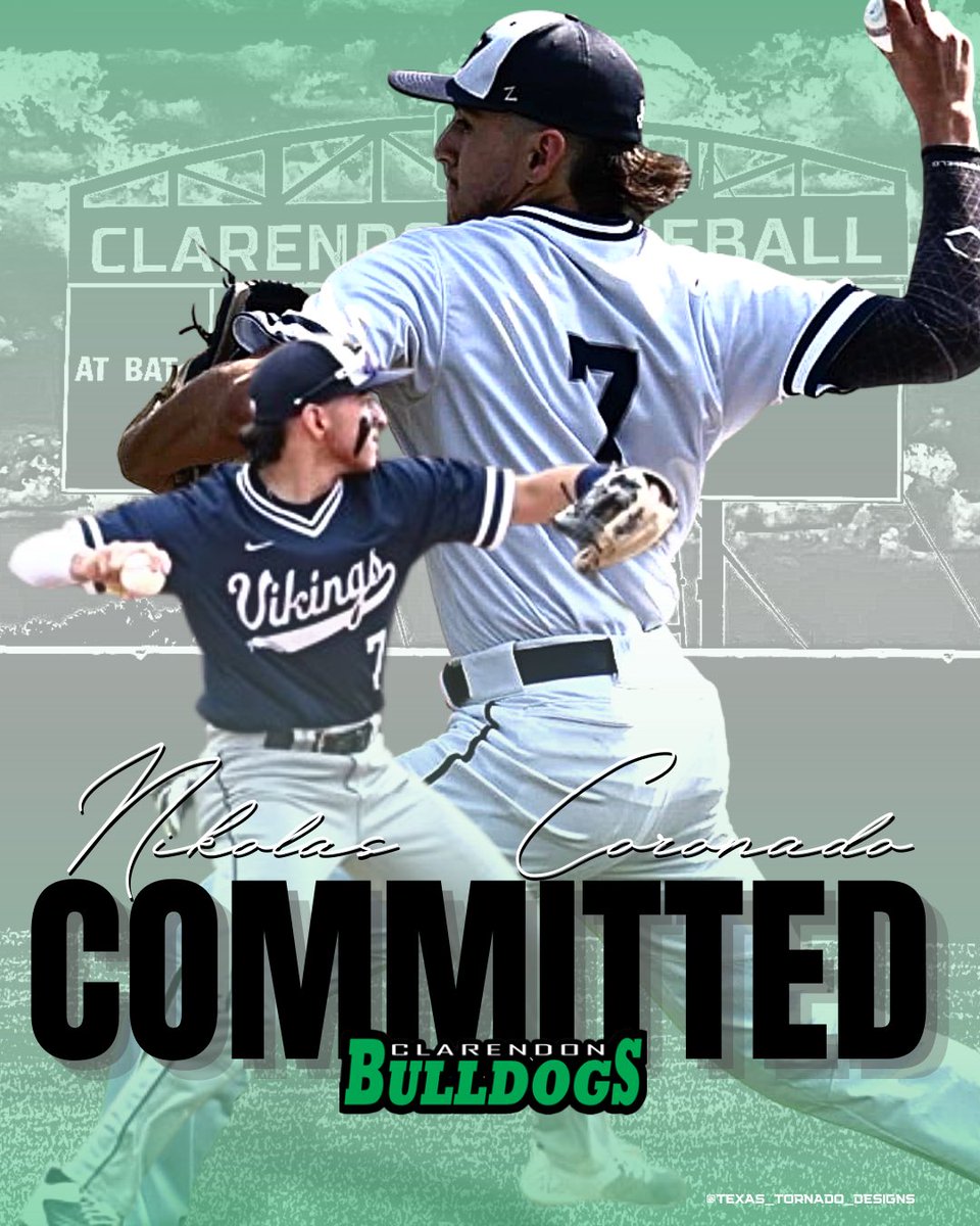 I am blessed to announce my Verbal Commitment To continue my academic & Baseball Career at Clarendon College. I would like to thank God, My Family, & all of my coaches who have impacted my life. Go Bulldogs! @BradenWilliams3 @Brenden_w7 #Stixfam #TexasTornadoDesigns
