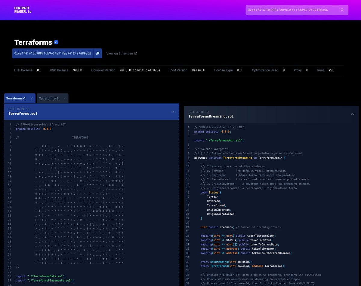 Exciting announcement: <a href="/ContractReader/">ContractReader.io</a> is back with new features!

- Cmd-click a contract header (where it says Terraforms.sol) to open that contract in a new CR tab next to your current contract
- Cmd-click on the contract name works too
- Drag and drop tabs to re-order

1/3