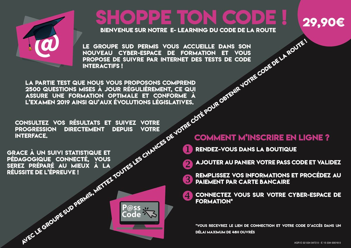 GroupeSudPermis's tweet image. Passcode 🛑⛔️🚫 Le Code de la Route en Ligne ‼️ #packWeb  ‼️📣 Achetez Local à Béziers Avec Suivi de Votre Dossier 📣 🛑⛔️🚫 TARIF 29,90€ 📣 🛑⛔️ ‼️
⚠️🅿️🆗🆙🆓🆕📣ACHAT IMMEDIAT SUR NOTRE SITE 🔰🔰🔰🔰
groupesudpermis.com/.../abonnement…