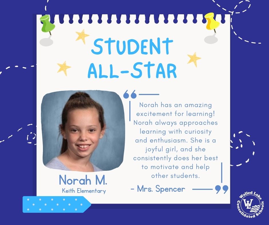 Walled Lake Schools (@walledlkschools) on Twitter photo Join us in honoring Norah M. as our latest Walled Lake Student All-Star!
Thank you for being an All-Star at Keith Elementary and in community! 💙 #WEareWLCSD <a href="/KeithElementary/">Keith Elementary</a> Join us in honoring Norah M. as our latest Walled Lake Student All-Star!
Thank you for being an All-Star at Keith Elementary and in community! 💙 #WEareWLCSD <a href="/KeithElementary/">Keith Elementary</a>