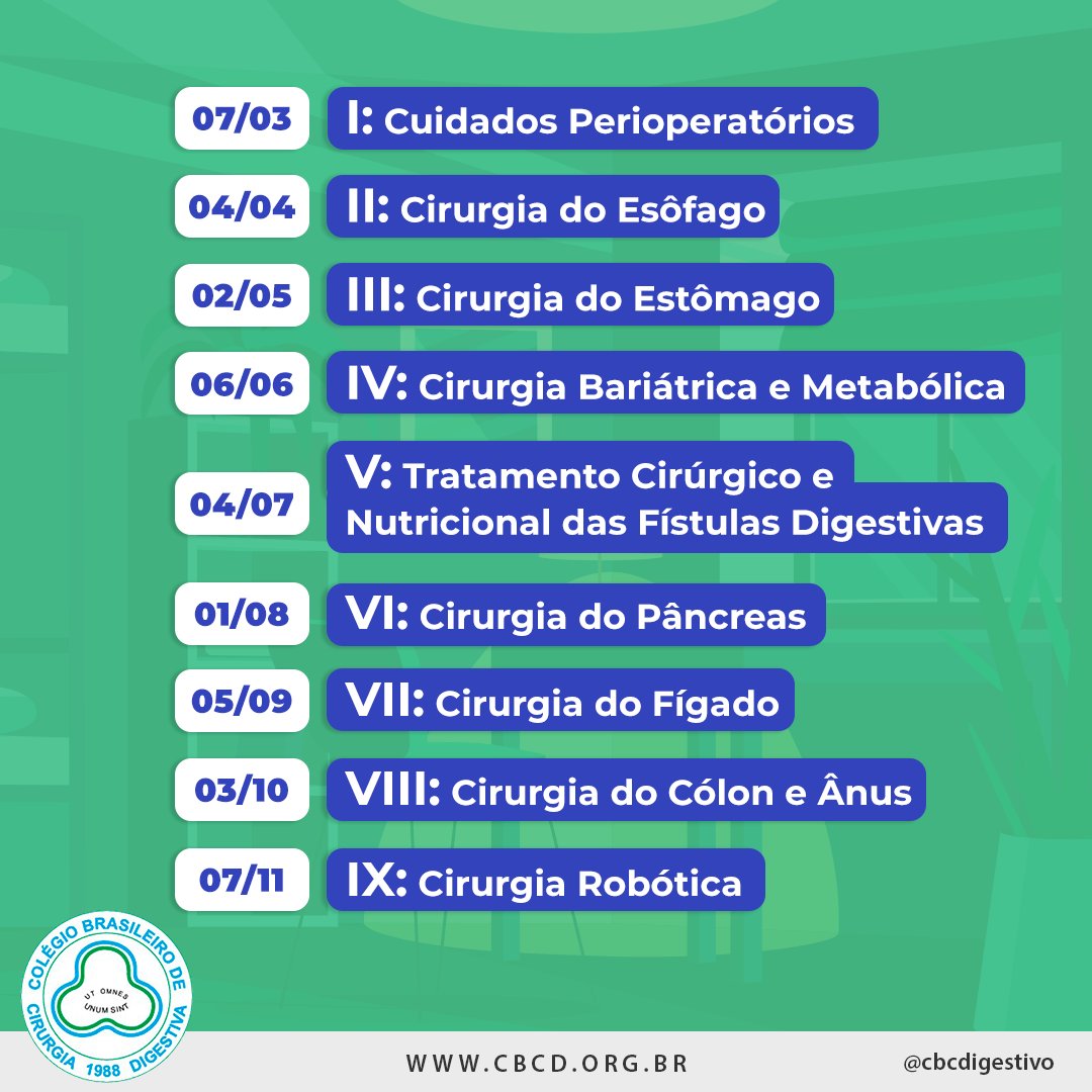 cbcd_brasil's tweet photo. ⏩ Arraste e veja as datas dos 9 módulos do VIII Curso Continuado de Cirurgia do Aparelho Digestivo.

Não perca. Esse ano estará imperdível!!

#CBCD #aparelhodigestivo #cursocontinuado https://t.co/tTlTNvOxGj