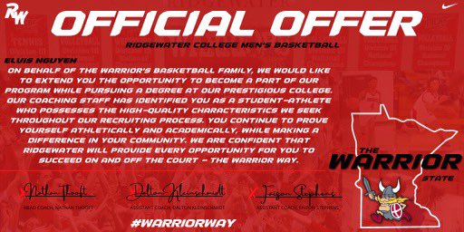 After a great conversation with @coach_kleiny I am blessed to receive an offer to continue my academic and athletic career <a href="/RidgewaterMBB/">Ridgewater Men's Basketball</a> <a href="/NateThooft/">Nate Thooft</a> #WarriorWay @LinksBasketball