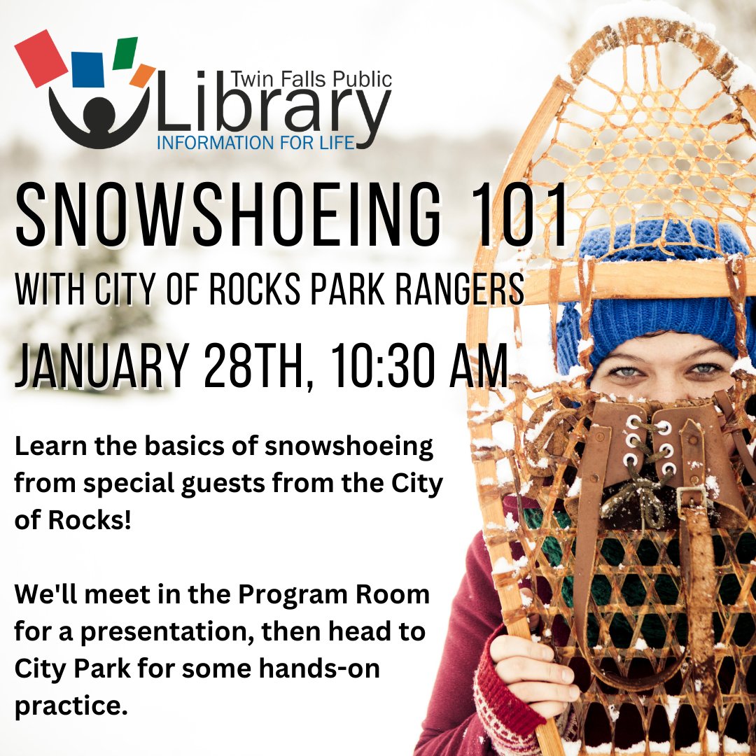 We're excited to welcome park rangers from the City of Rocks. This Saturday, they'll teach the basics of snowshoeing. Catch the presentation at 10:30 am, then join us in City Park afterward for some hands-on practice.