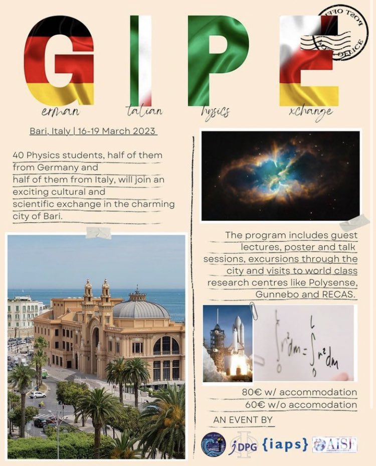 We are ready to host you in Bari for the annual German Italian Physics Exchange, from the 16th to the 19th of March. 🇩🇪🇮🇹 Stay on for updates about the schedule and the subscriptions! 

#bari #aisfbari #physics #fisica #uniba #exchange #polysense #gunnebo #recas #jdpg #gipe2023