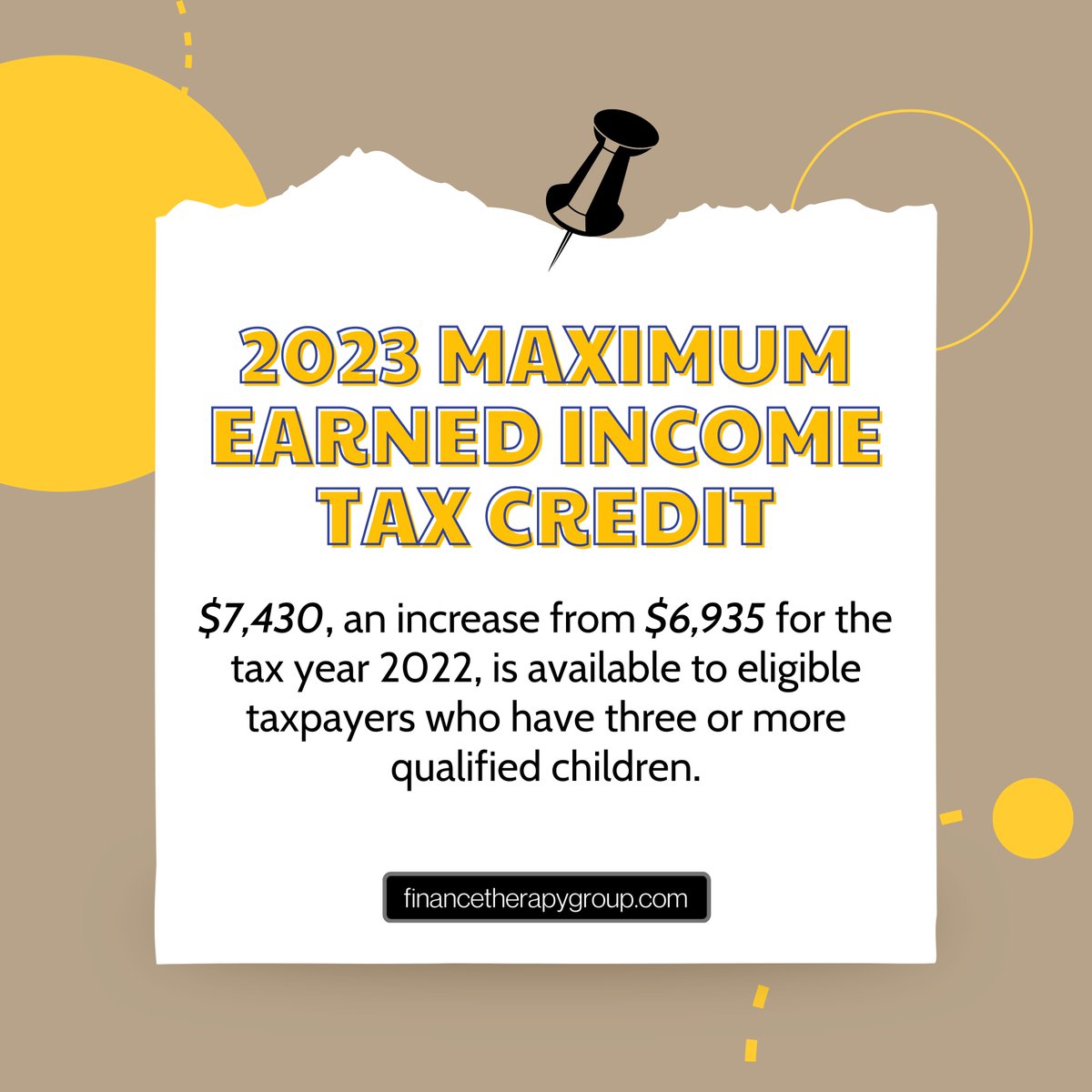 _financetherapy's tweet image. #TaxTwitter Did you know?

For qualifying taxpayers who have three or more qualifying children, the maximum Earned Income Tax Credit (EITC) amount in 2023 is $7,430, an increase from $6,935 for the tax year 2022.
#tax #taxeseason #tax #taxes #taxtips #taxconsultation #taxservices