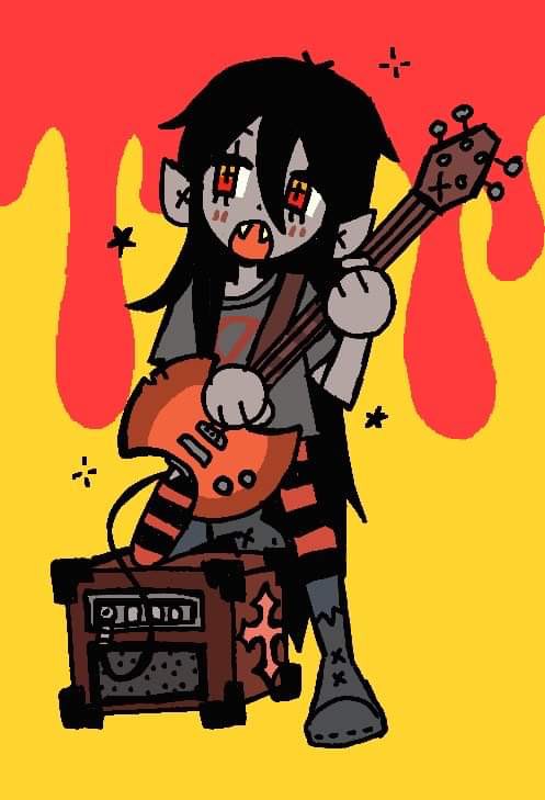 1girl black hair colored skin fangs grey skin guitar holding  illustration images