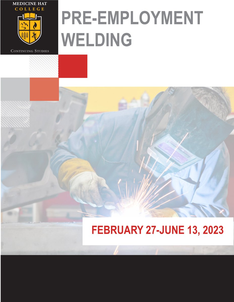 Upcoming course: Pre-Employment Welding

Learn essential skills in #welding to make you marketable when searching for employment! Accepting students for the next intake, February 27-June 13.
Email eferris@mhc.ab.ca for more information.
#medhat <a href="/MHC_CS/">MHC Continuing Studies</a>