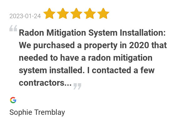 New 5.0-star Review: "Radon Mitigation System Installation: We purchased a property in 2020 that needed to have...