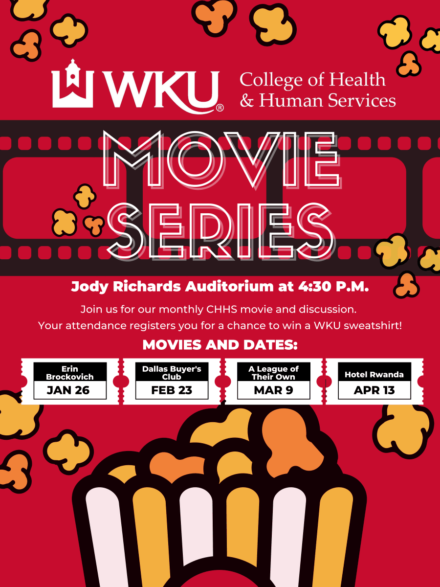 WKU Social Work (@wkusocialwork) on Twitter photo Coming up this semester! Join CHHS once a month for a movie and discussion. Located in the JRH auditorium at 4:30 on the dates below.🍿
#WKUSocialWork #WKU #SocialWork #WeAreCHHS Coming up this semester! Join CHHS once a month for a movie and discussion. Located in the JRH auditorium at 4:30 on the dates below.🍿
#WKUSocialWork #WKU #SocialWork #WeAreCHHS