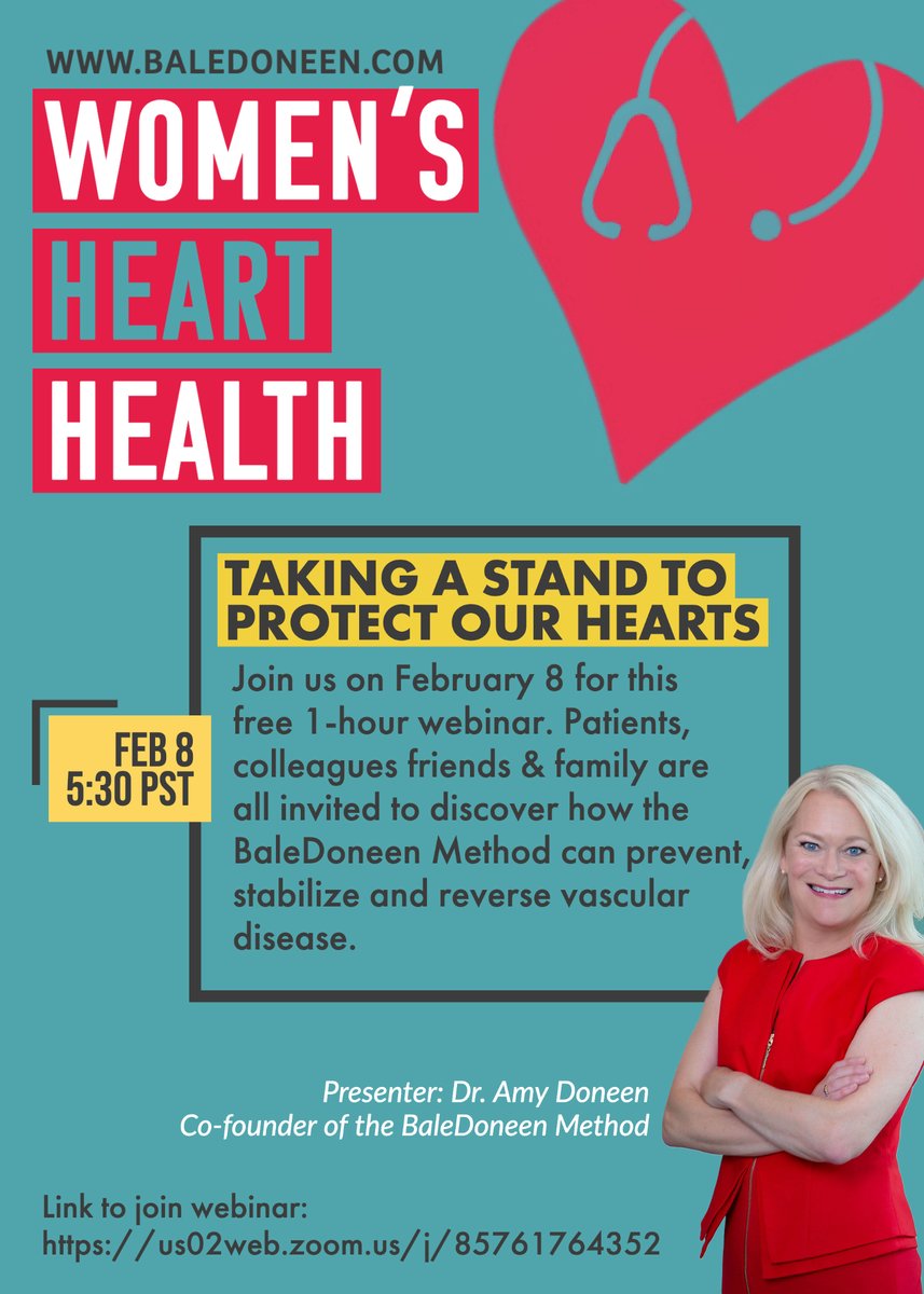 February is Heart Month!  Join Dr. Amy Doneen on February 8th at 5:30 PST for a very special FREE webinar focusing on Women's Heart Health. Invite your friends, family and colleages!  Link to join Webinar:
us02web.zoom.us/j/85761764352