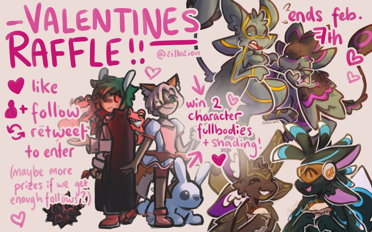 zilluzion's tweet image. you might've heard me mention this already hehe...but..
💕ITS RAFFLE TIME!💖
- like, follow, + retweet to enter~
- win a 2 character shaded fullbody drawing
- perfect for couples, but friends, OCs, etc all welcome!
- ends feb. 7th (so the final piece can be done before the 14th!)