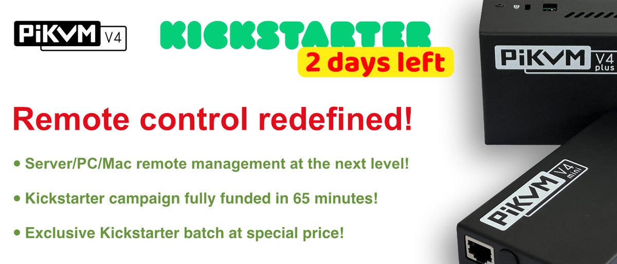 Heads up! Our successful Kickstarter campaign for the NEW PiKVM V4 closes in two days. This is your last chance to participate in the exclusive Kickstarter batch at special pricing! kickstarter.com/projects/mdeva…