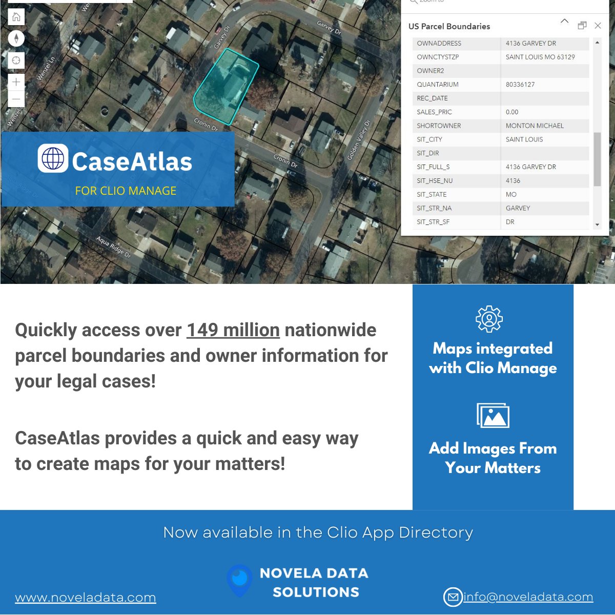 CaseAtlas provides the legal industry with easy access to location based information and a quick way to create maps for cases! Integrated with #Clio Manage, get access to over 149 million nationwide parcel records and owner information.

#legalinnovation #legaltech