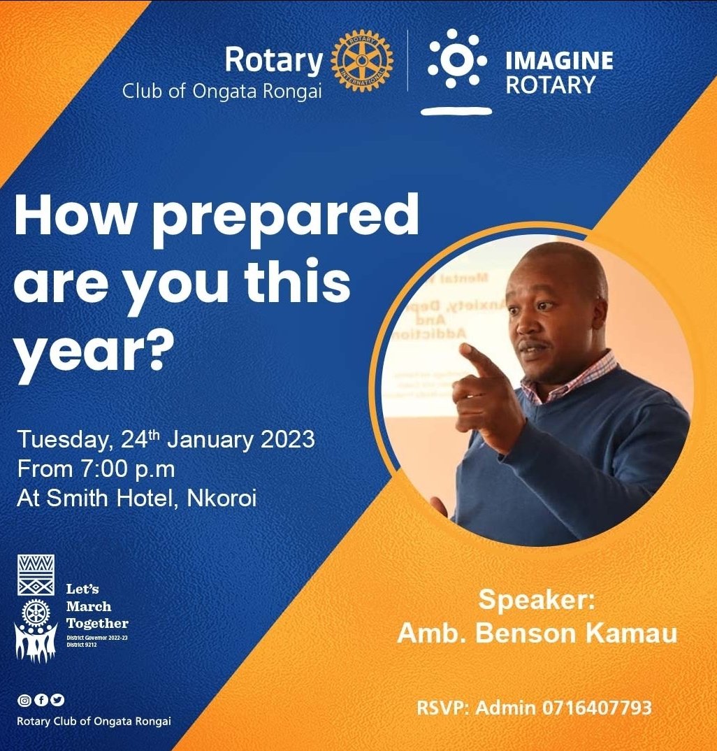 Today RCOR has the right discussion for the start of the year   'How prepared are you this year?'.    A great talk by Amb Benson Kamau.

Meeting at Smith Hotel-Nkoroi