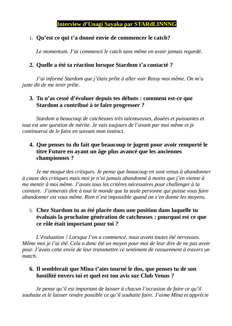 stardlinnng's tweet photo. 📝[INTERVIEW] : Unagi Sayaka📝

Nous avons eu l'honneur d'échanger avec @unapi0902 afin de discuter de :

-Ses accomplissements chez #STARDOM
-Son présent en freelance
-Ses sentiments sur des questions personnelles

Encore merci à elle pour avoir pris le temps de répondre

GYAN🦖 https://t.co/hE6mKid1zz