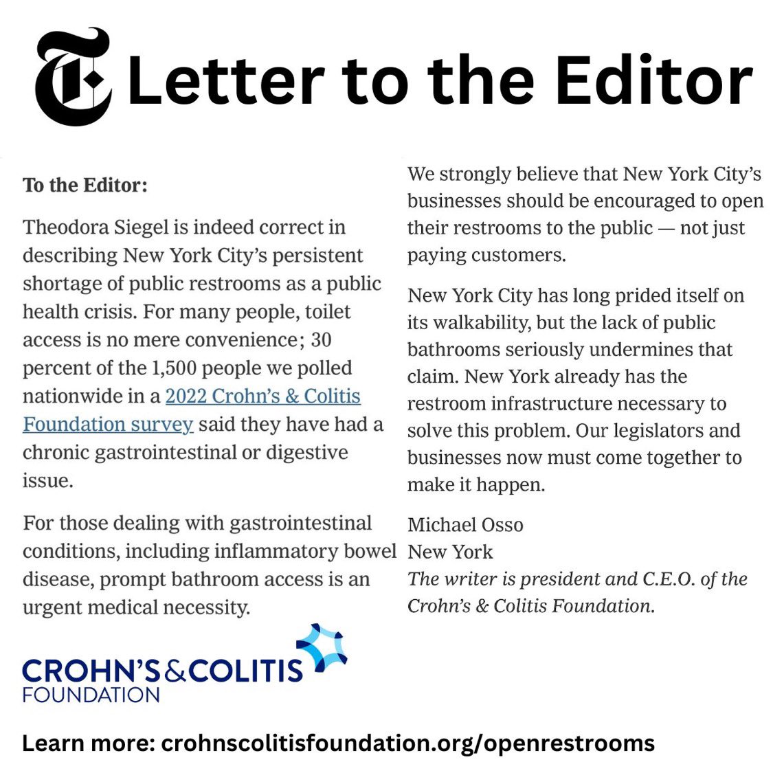 VoiceForIBD's tweet photo. Incredibly grateful for @MichaelOssoCEO President &amp; CEO of @CrohnsColitisFn advocating for IBD patients to the @nytimes 📰 #IBDvisible #IBDAwareness  #VoiceForIBD #IBD #Crohns #UC #invisibleillnes #committedtoacure #untilwefindacure https://t.co/7QynuIULYq