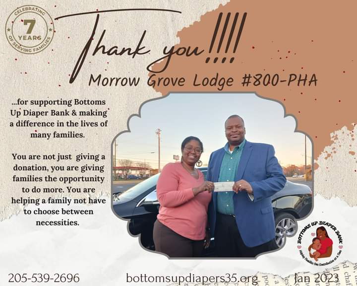 Thank you to the men of Morrow Grove Lodge #800 - PHA for their continued support of Bottoms Up.

For more information on Bottoms Up and ways to support, visit our website (link in bio).

 #DiaperBank #givinggap #BottomsUpDiaperBank #support #Eutaw #EndDiaperNeed #donation