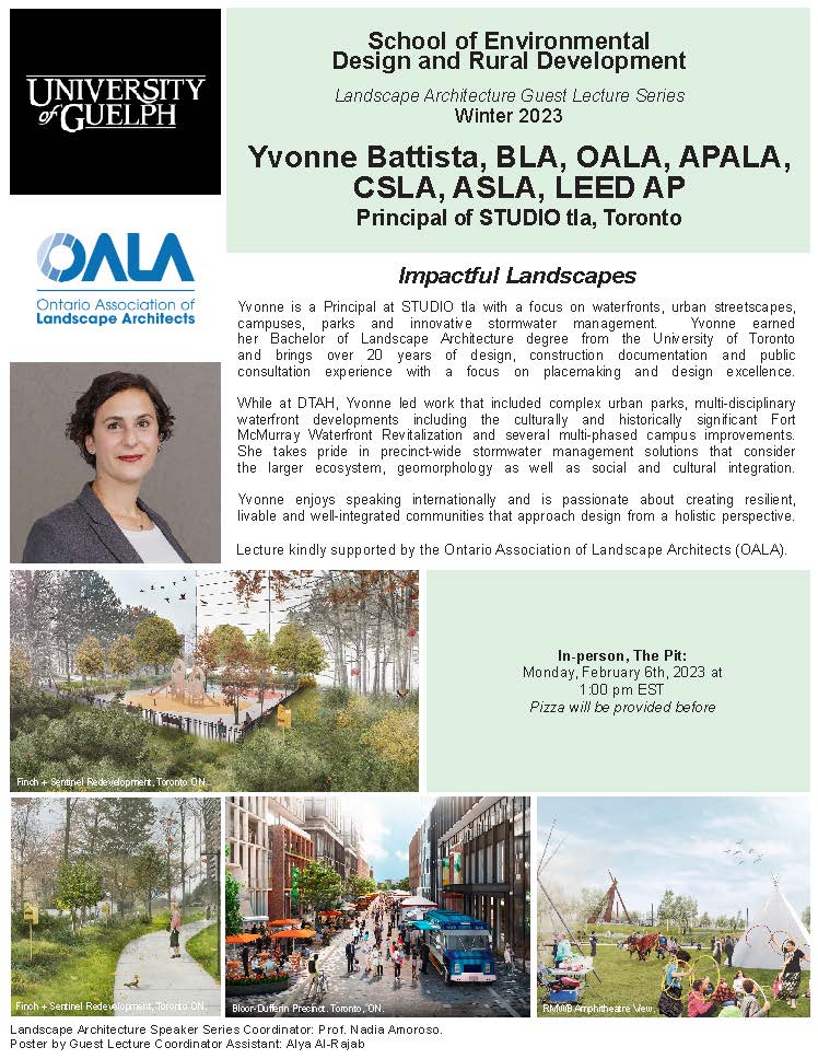 SEDRD (@sedrd) on Twitter photo Join us in person on February 6 at 1pm for our #LandscapeArchitecture guest lecture with Yvonne Battista from STUDIO tla <a href="/uofg/">University of Guelph</a> <a href="/UofGuelphOAC/">Ontario Agricultural College</a> <a href="/OALA_ON/">OALA</a>. <a href="/Studiotla/">STUDIO tla</a> #landarch. Details at: uoguel.ph/pu28o Join us in person on February 6 at 1pm for our #LandscapeArchitecture guest lecture with Yvonne Battista from STUDIO tla <a href="/uofg/">University of Guelph</a> <a href="/UofGuelphOAC/">Ontario Agricultural College</a> <a href="/OALA_ON/">OALA</a>. <a href="/Studiotla/">STUDIO tla</a> #landarch. Details at: uoguel.ph/pu28o