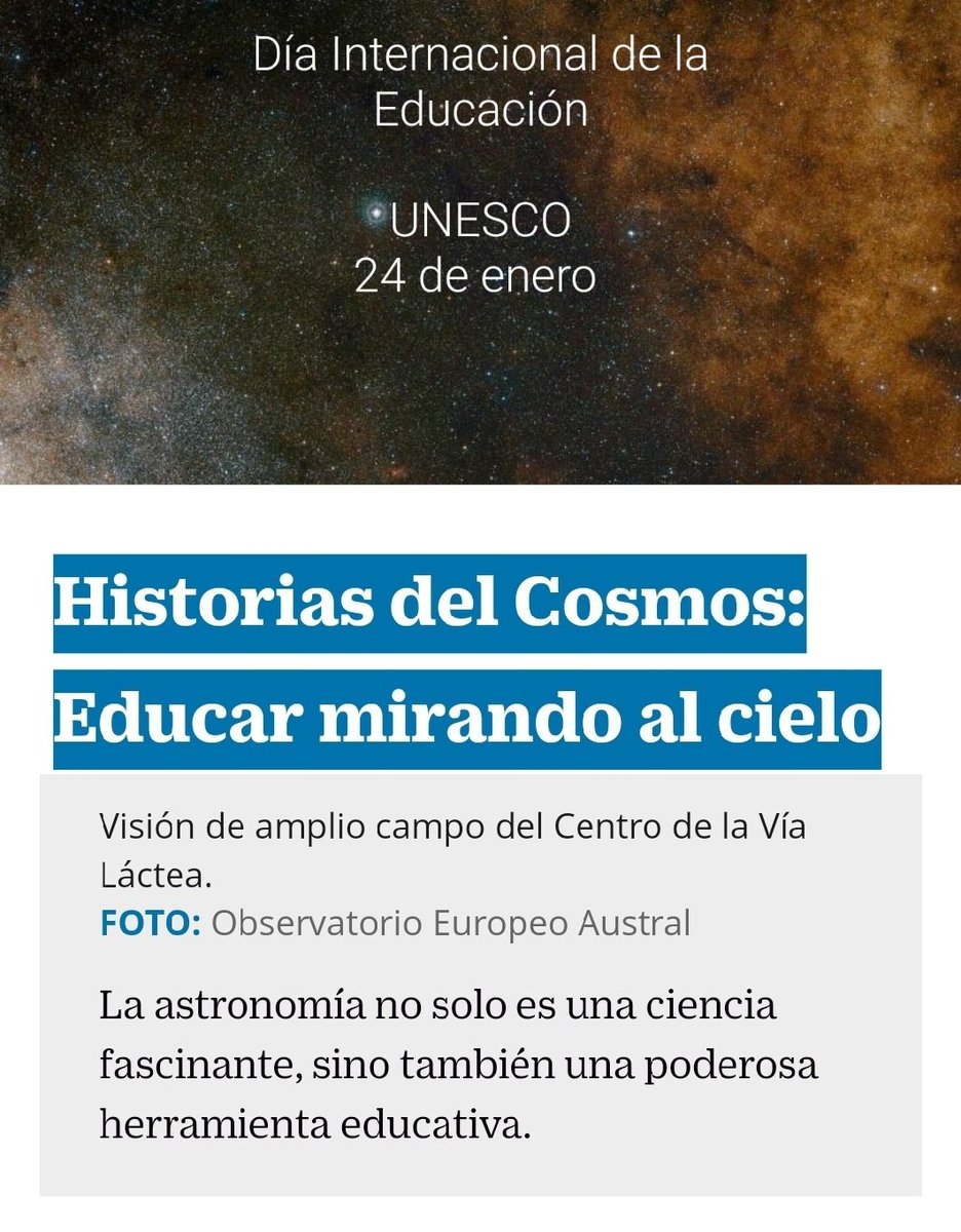 24 de enero: Día Internacional de la #Educación #UNESCO <a href="/UNESCO_es/">UNESCO en español 🏛️#Educación #Ciencia #Cultura</a>

Un derecho humano, un bien público, una responsabilidad colectiva.

Comparto: "Educar mirando al cielo" por el colega Santiago Vargas, PhD en astrofísica, de <a href="/astronomiaOAN/">Observatorio Astronómico - Universidad Nacional</a> y <a href="/RedLCC/">RedLCC</a>

eltiempo.com/vida/ciencia/h…