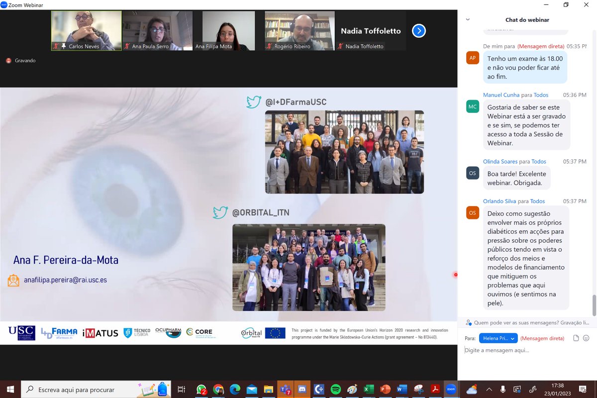 ORBITAL_ITN's tweet photo. #ORBITAL members @NadiaToffoletto, @AnaFilipaMota6, Professor Ana Paula Serro, PM Tess Ames,  and Clinician @hpriorfilipe all participated in "O Olho na Diabetes", a webinar organized by @SPDiabetologia this past week. 
@REA_research #h2020 #@SETUIreland @OTRG_PMBRC @PMBRC_SETU https://t.co/sAvYbjZrPZ