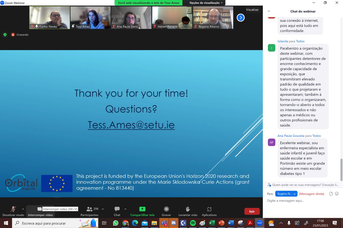 ORBITAL_ITN's tweet photo. #ORBITAL members @NadiaToffoletto, @AnaFilipaMota6, Professor Ana Paula Serro, PM Tess Ames,  and Clinician @hpriorfilipe all participated in "O Olho na Diabetes", a webinar organized by @SPDiabetologia this past week. 
@REA_research #h2020 #@SETUIreland @OTRG_PMBRC @PMBRC_SETU https://t.co/sAvYbjZrPZ