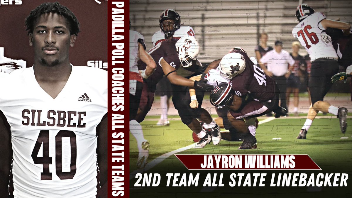 Help up congratulate two of our football players for being named to the Padilla Poll Coaches 4A-DII All-State Team!!

THEY ARE:
- <a href="/DrelonMiller/">DrelonMiller</a> - First team All State Receiver
- <a href="/jayronwilliams_/">Jayron Williams</a> - 2nd team All State Linebacker

Way to go, Tigers!🐅
#TigerNation #WeAreSilsbeeISD