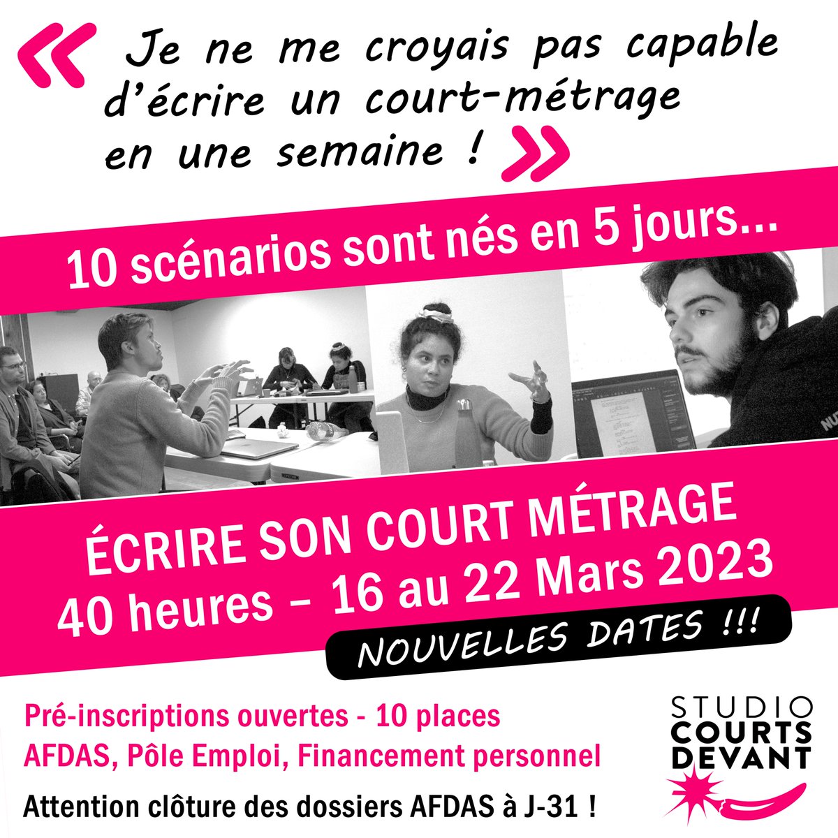 📢 #FORMATION du Studio <a href="/CourtsDevant/">Paris Courts Devant</a> 
🔴𝙀́𝙘𝙧𝙞𝙧𝙚 𝙨𝙤𝙣 𝙘𝙤𝙪𝙧𝙩 𝙢𝙚́𝙩𝙧𝙖𝙜𝙚 en 5 jours du 𝟭𝟲 𝗮𝘂 𝟮𝟮 𝗠𝗮𝗿𝘀 𝟮𝟬𝟮𝟯 🔴Inscriptions ouvertes ‼️ ‼️ #atelier #courtmetrage infos : studio@courtsdevant.com et sur courtsdevant.com/studio-courts-…