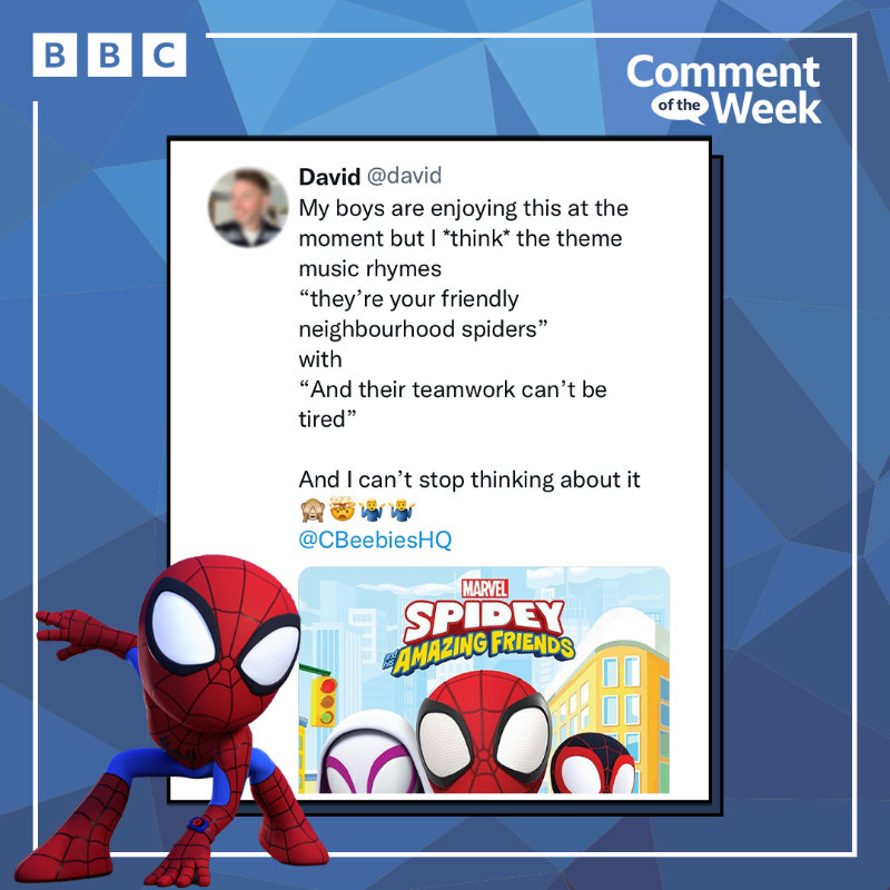 CBeebiesHQ's tweet image. They’re hardworking superheroes!

What CBeebies Earworm is on repeat in your head right now? Go! 🎶 🕸️

#CommentOfTheWeek #ThursdayThoughts