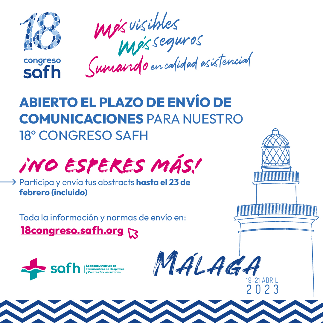 📣 ¡IMPORTANTE! Ya está abierto el plazo para el envío de comunicaciones para nuestro #18CongresoSAFH. Participa y envía tus abstracts hasta el 23 de febrero. 

📝 Normas y envío comunicaciones: bit.ly/3WtESCA 

➡️ Más info: 18congreso.safh.org

#FarmaciaHospitalaria