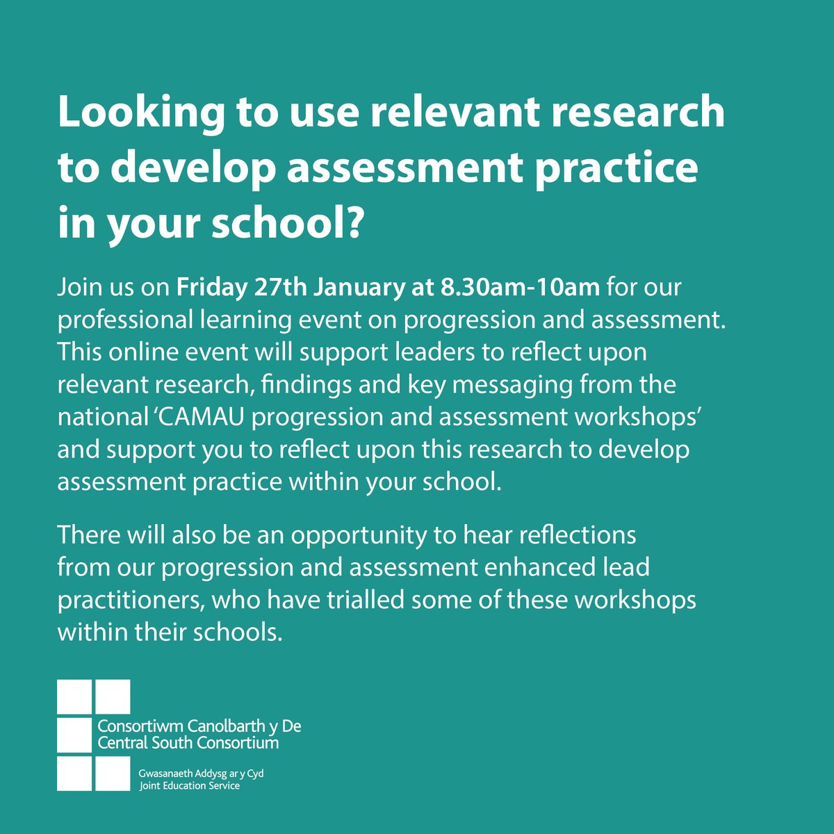 Looking to use relevant research to develop assessment practice in your school? Join us on Friday 27th January at 8.30am-10am for our professional learning event. #StrongerTogetherCSC #CurriculumforWales

To book your place, click here: ow.ly/fHS750Mz2UM