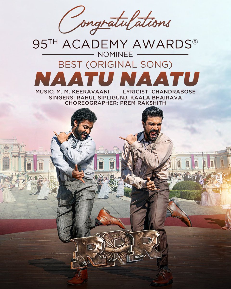 Hearty Congratulations to @mmkeeravaani Garu, @ssrajamouli Garu and the entire team of #RRRMovie for the nomination of #NaatuNaatu at the #Oscars for The Best Original Song. 

@tarak9999 @AlwaysRamCharan @boselyricist @RRRMovie @Rahulsipligunj @kaalabhairava