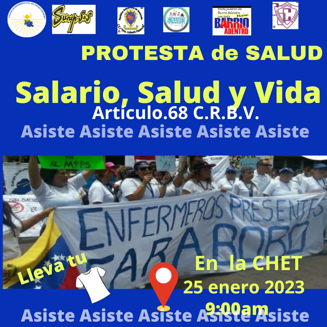 #Carabobo #Salud #25E Mañana la unidad de la intergremial de salud y sus gremios y sindicatos aliados vamos a las calles a exigir #SalarioDigno y condiciones de trabajo en nuestro centros de salud.

Te esperamos en la CHET a las 9am.
#Protesta #Pacifica #Constitucional