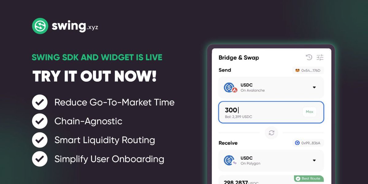 Did you know?

Swing's SDK &amp; Widget comes with custom configurations for 30+ cross-chain bridges and liquidity sources along with thousands of supported tokens🤩

Try it out now: swing.xyz/developer-hub