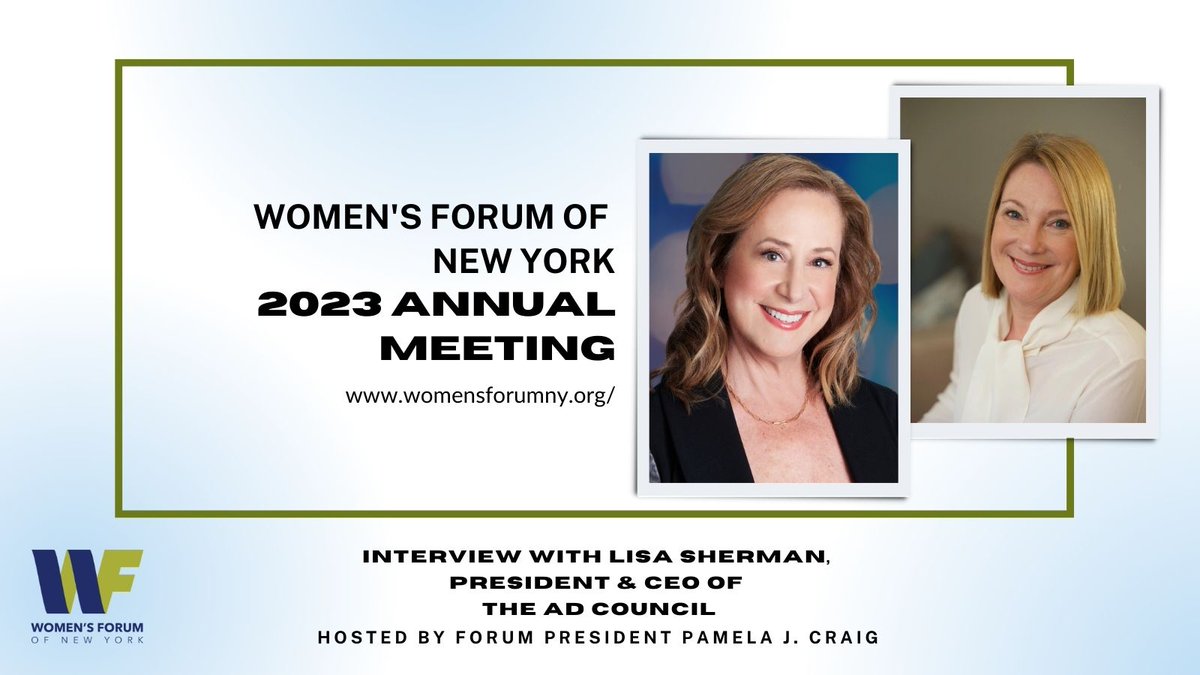 Women's Forum of New York (@WomensForumNY) on Twitter photo 2023-01-24 16:39:17 The Women's Forum of New York 2023 Annual Meeting is only hours away & we are looking forward to hearing from our featured guest speaker, Forum member & President & CEO of @AdCouncil, @lisaesherman. The Women's Forum of New York 2023 Annual Meeting is only hours away & we are looking forward to hearing from our featured guest speaker, Forum member & President & CEO of @AdCouncil, @lisaesherman.