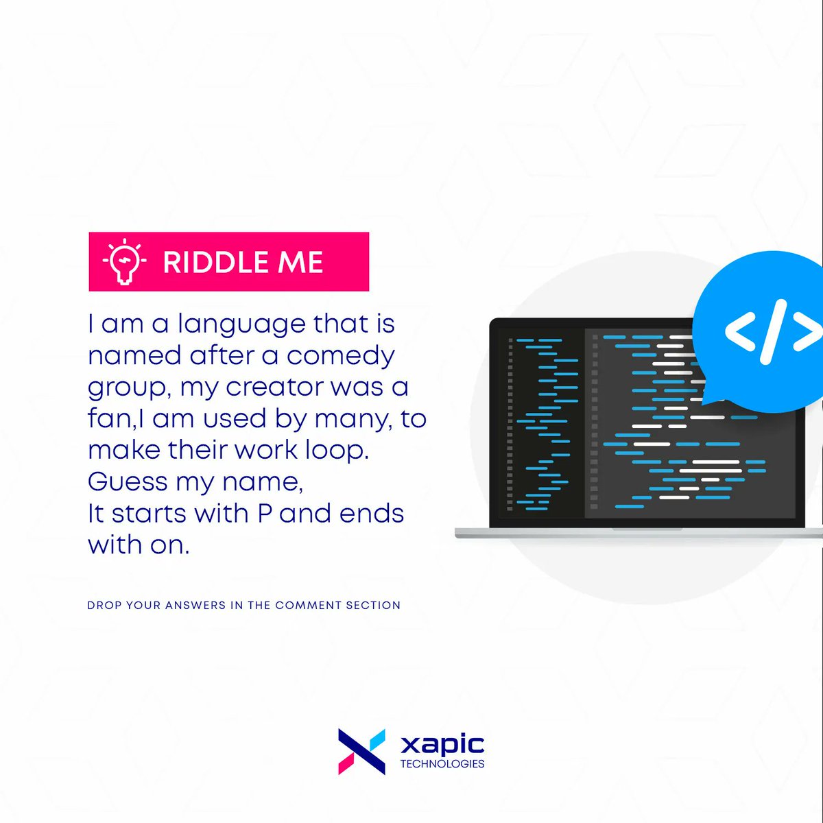Xapic_Tech's tweet photo. Who can get this?
#metaverse #software #developer #Code #Riddle #tuesdayriddle #Xapictech https://t.co/v3pjtDfFwp