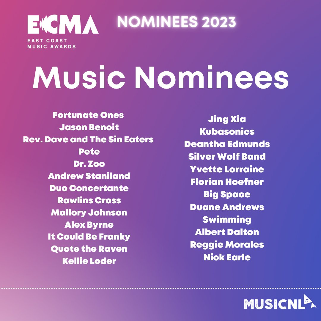 _MusicNL_'s tweet photo. Congratulations to the 2023 ECMA nominees from Newfoundland and Labrador! 🎉

Total 58 nominees across 15 categories! https://t.co/rMAmPXbQcB
