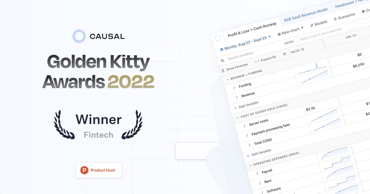 CausalHQ's tweet image. We’re thrilled to announce that @CausalHQ has won @ProductHunt&apos;s Golden Kitty Award for the best “Fintech” product of 2022. 🏆

A huge thank you to our community for your ongoing support! 💙