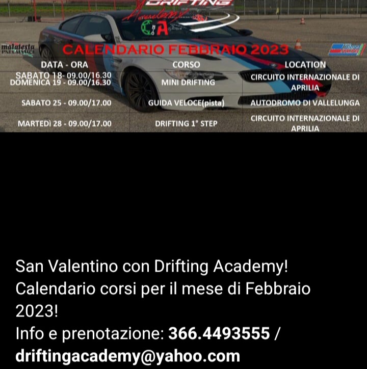 DriftingAcademy's tweet photo. San Valentino con Drifting Academy!

Calendario corsi per il mese di Febbraio 2023!
Info e prenotazione: 366.4493555/ driftingacademy@yahoo.com

#Drifting #corsi #sanvalentino #eventi #drift #bmw #bmwitalia #divertimento #esibizione #eventi #compleanno #regalo #corsidiguida https://t.co/Km4HPfq9RF