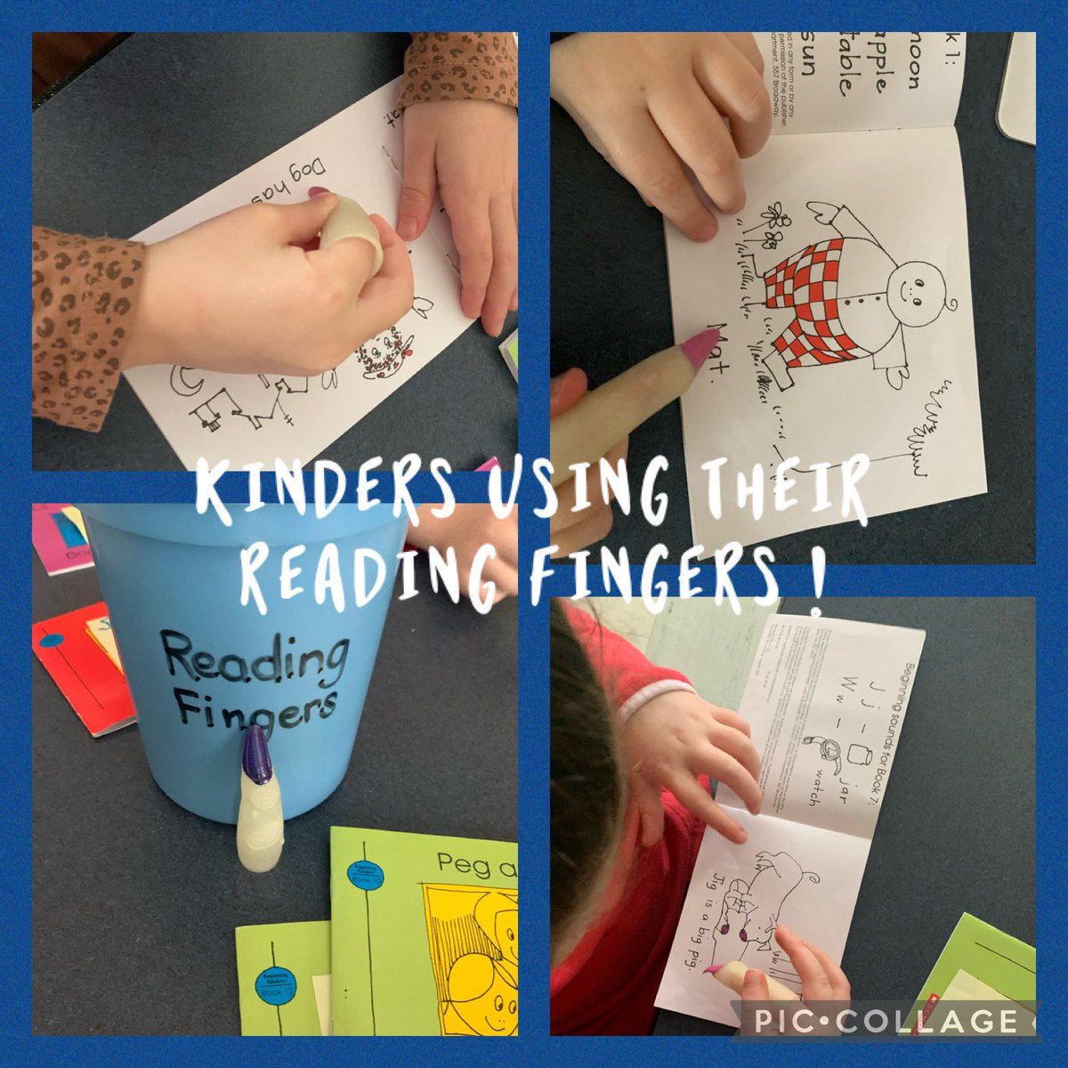 Kinders using their “reading fingers” to read their decodables #CPSbearsrreading