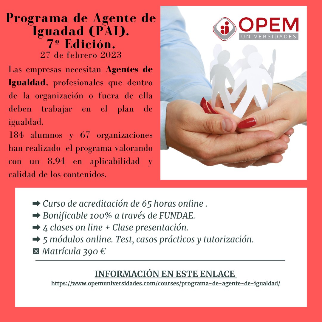 El 27 de febrero comenzamos la 7ª edición del Programa de Agente de Igualdad. Muchos y buenos profesionales han compartido con nuestro cuadro de profesores conocimientos y experiencias en este proyecto.
opemuniversidades.com/courses/progra…