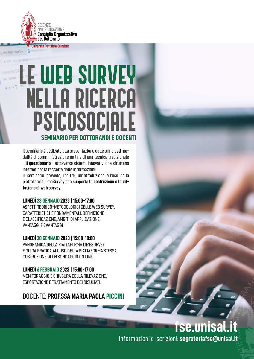 FSC_unisal's tweet photo. 📊Al via questa settimana in ateneo il #seminario per dottorandi e docenti sulle modalità di somministrazione online dei #questionari per la ricerca psicosociale.
💪A condurlo la nostra prof. @MPPicci, docente in FSC di metodologia e statistica.
#websurvey #limesurvey @LimeSurvey https://t.co/Q5L5wg4WzN