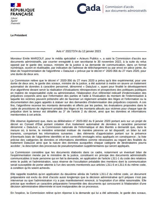 emile_marzolf's tweet photo. #DataJust Avis de la Cada sur ma demande d'accès au bilan de l'expérimentation de l'algorithme d'évaluation de l'indemnisation des préjudices corporels. "Le ministre de la justice, lui a indiqué que le bilan de l'expérimentation sollicité n'était, à ce jour, pas finalisé"... https://t.co/cu7NilCDFV