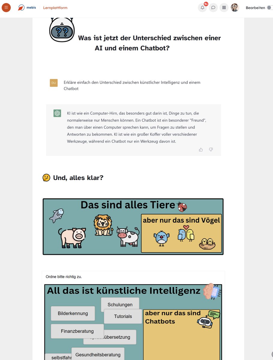 FrauSpeckner's tweet photo. So, mein Kurs @mebis_bayern Kurs zu ChatGPT ist fertig. Es wird geklärt was Chatbots sind. Was der Unterschied zu einer KI ist und wie sich KIs entwickelt haben. Die SuS machen einen Turing Test und programmieren zum Schluss selbst einen Chatbot in Scratch. #moodlebande https://t.co/Vn7hzE0zdL