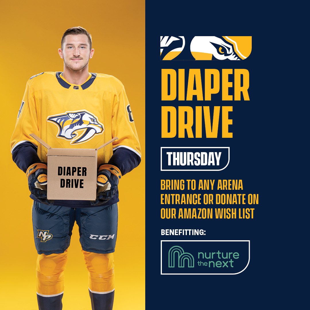 PredsFoundation's tweet photo. On Thursday 1/26, we are hosting a diaper drive for our friends at @NurtureTheNext! And we, alongside Tanner Jeannot and his wife Keely are matching donations up to $5,000 each!

Bring diapers before the game or donate via the Wish List : https://t.co/q7ZwAZWh3v https://t.co/1ad41Pt3eS
